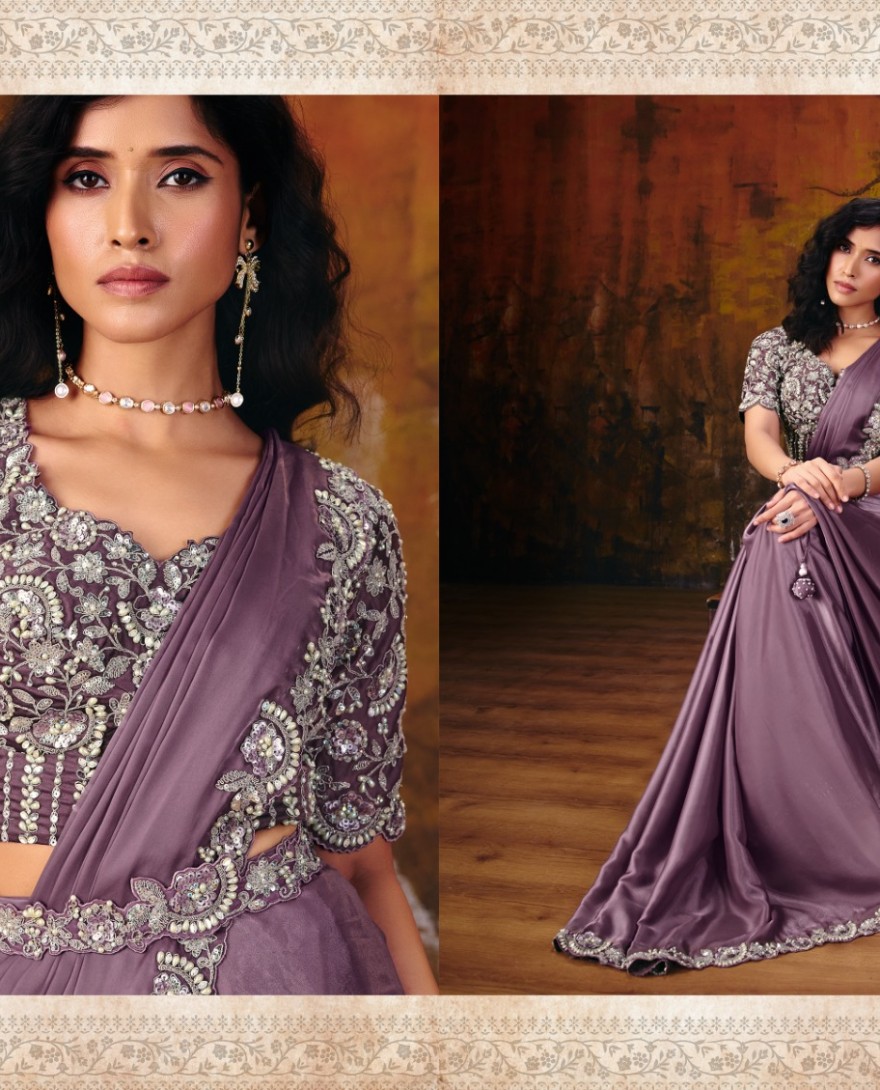 27109 - Lavender Embroidered Wedding Party Designer Saree